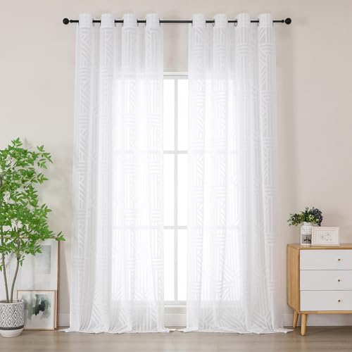 Simplebrand Lange Fenstergardine mit Ösen 2er Set, Halbtransparent Geometrisches Muster Ausbrenner Vorhang für Terrassentür Balkon Fenster, Lichtfilternd & Modern, 40x245 cm Weiß