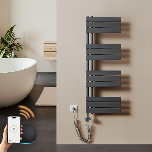 S'AFIELINA scaldasalviette Elettrico Bagno 1041×400mm Antracite, 400 W termoarredo Elettrico Bagno con WiFi e termostato, Timer 7×24 h, Protezione antigelo, LCD, Tubi Piatti Design scaldasalviette