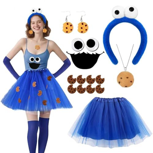 Krümelmonster Kostüm Damen, Krümelmonster Kostüm Accessoires mit Blau Tüllrock, Cookie Haarreif, Augen Mund Aufkleber, Keks Aufkleber, Krümelmonster Halskette Ohrringe, für Karneval Mottoparty Cosplay