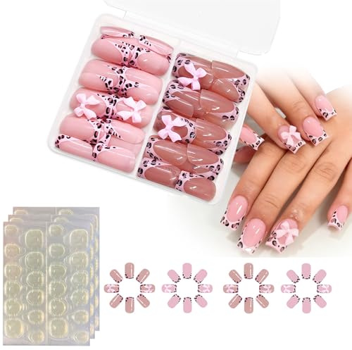 48PCS Short French Leopard Print Press On Nails for Pre-Teens & Teen Girls and Woman, Pink Bow Cute Design, ABS Material with Jelly Adhesive Tabs, Comfortable Fit