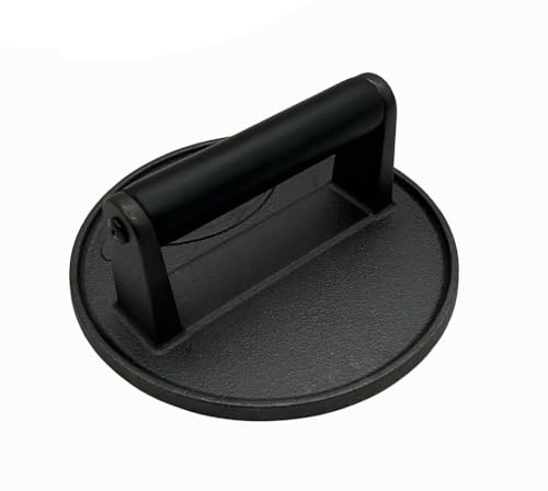 EasyByMall Round Grill Press Cast Iron Meat Smasher for Burgers Steaks Chicken, Heavy Duty BBQ Weight Plate with Even Heat Distribution, 16cm Black