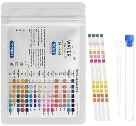 Lot de 50 Bandelettes de Test d'Eau Potable 16 en 1, Analyse de La Qualité de l'Eau du Robinet, Kits de Test d'eau pour l'eau Potable, Analyse PH, Plomb, Chlore, Dureté Totale pour Fontaines Puits