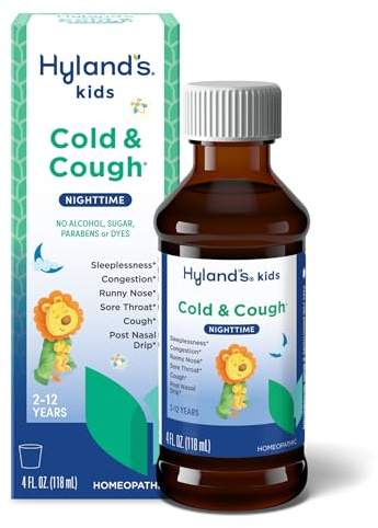 Hyland's Kids Cold and Cough, Nighttime Cough Syrup Medicine for Kids Ages 2 and up, Decongestant, Sore Throat relief and Sleeplessness, Relief of Common Cold Symptoms, 4 Fl Oz