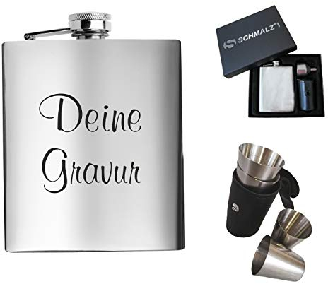 Schmalz Flachmann-Set 7-teilig aus Edelstahl – inklusive Gravur, Geschenkverpackung, Stamperl, Etui, Schnapsbecher, Einfülltrichter, personalisierbar mit Lasergravur