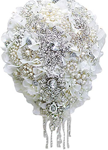 IFFO Broche en forme de goutte d'hortensia blanche en argent avec cristaux en forme de larme, bouquet de mariée avec perles et pampilles.