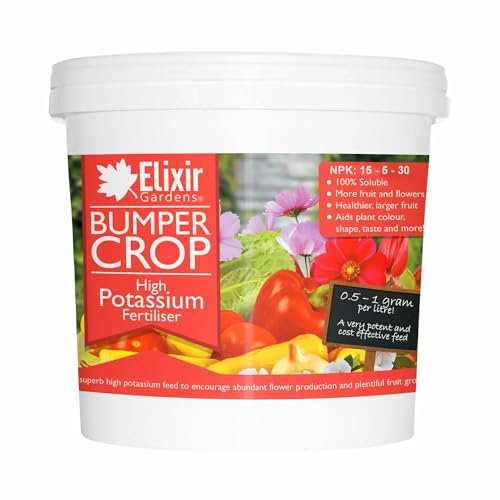 Elixir Gardens Bumper Crop | High Potassium Soluble Fertiliser 15-5-30 | For Large Fruit and Colourful Flowers | 1kg Makes up to 2000 Litres! | Available in a Bag or Tub | (1kg Re-Sealable Tub)