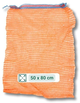 AGRI plus 100 sacos de verduras naranja con cordón, 50 x 80 cm, diferentes tamaños, bolsas crujientes de malla gruesa con volumen de 20 kg, bolsas de almacenamiento para cebollas, zanahorias