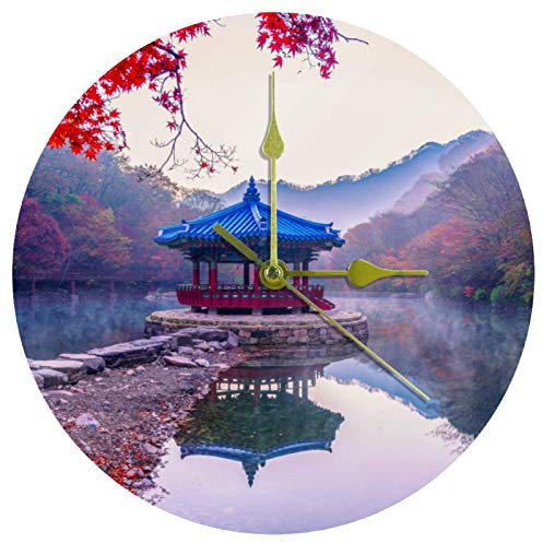 EZIOLY Acrylic Wall Clock Nature Landscape Pavilion 9.8 Inch Silent Non Ticking Quartz Battery Operated Unscaled Round Wall Clocks Decorative for Home Office School