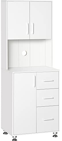 HOMCOM Modern Kitchen Cupboard with Storage Cabinets, 3 Drawers and Open Countertop for Living Room, White