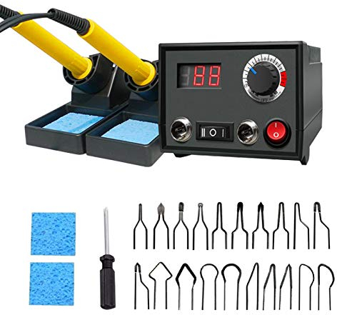 hzexun 30W 220V Pyrographie Maschine Einstellbare Temperatur Brandmalerei Lötkolben Set Mit 20PCS Brennspitzen ür Holz Leder Gravieren Einbrennen
