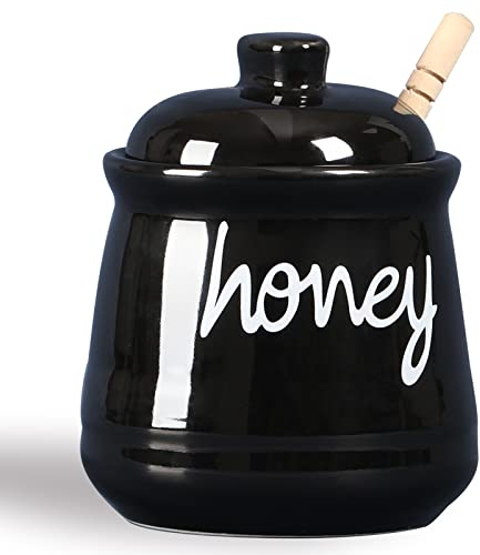 ONTUBE Honey Jar with Dipper and Lid, Ceramic Honey Pot 12oz, Black