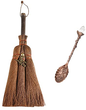 Soulnioi 24,1 cm Hexenaltarbesen Miniatur-Wicca-Bürste, Mähnenbesenstiel für magische Zeremonien, Halloween-Wiccan-Rituale und Retro-Kaffeelöffel, weiße Kristalllegierung, Geschnitzte Eislöffel