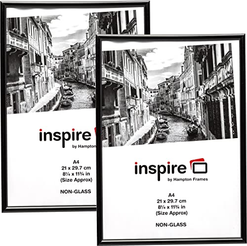 Hampton Frames Backloader A4 (21 x 29,7 cm) Schwarz Bilderrahmen für Poster und Zertifikate – 2 Stück Acryl (ohne Glas) Vorderseite A4MARBLK-2PK