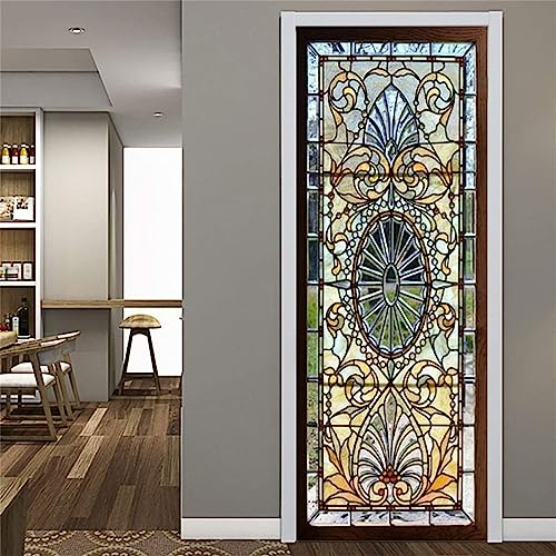 FLFK Vitrail Autocollant Porte Affiche 3D pour Chambre Auto-adhésif Amovible Murale Décoration 77X200cm