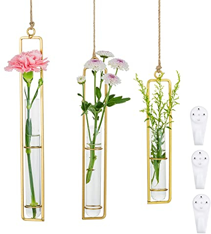 Glasseam Reagenzglas Vase Glas Vasen Set, 3 Stück Reagenzgläser Für Blumen Ständer Gold Blumenvase Vintage Glasvase Klein Blumenvasen Kleine Glasvasen Schmal Hydrokultur Glas Wanddeko Wohnzimmer