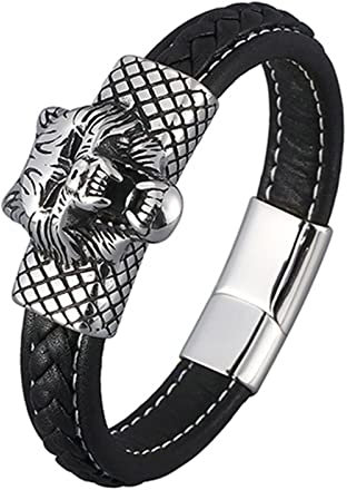 Ayoiow Männer Armband Indianer, Armband Edelstahl Männer Armband Leder Geflochten Schwarz Armband mit Silbernem Wolfskopf