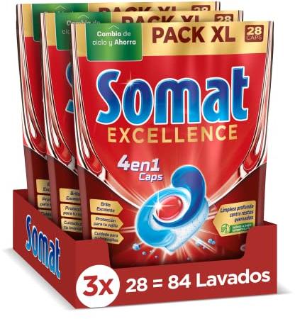 Somat Excellence 4 en 1 Pastillas (3 x 28 tabs), detergente lavavajillas que elimina los residuos quemados, pastillas lavavajillas con brillo excelente, jabón para vajilla
