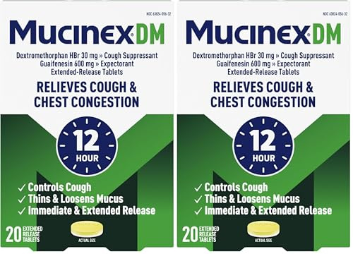 Mucinex DM 12Hr Chest Congestion & Cough Medicine for Adults, Cold and Cough Medicine for Excess Mucus Relief, 600 mg Guaifenesin & 30 mg Dextromethorphan HBr, 20 Bi-Layer Tablets (Pack of 2)