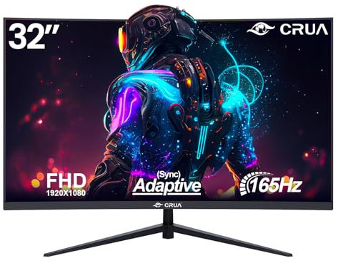 CRUA 32 Inch Gaming Monitor FHD (1920 X 1080), Curved Computer Monitor 165Hz, Desktop PC Monitor VA Screen, Low Motion Blur, Eye Care, VESA, DisplayPort, HDMI
