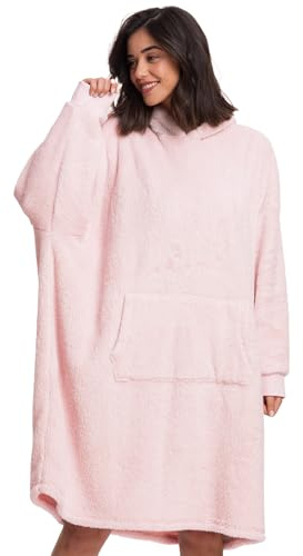 Mad Dog Sherpa Fleece Wearable Blanket Hoodie for Adult Women with Long Sleeves, Cozy Hooded Poncho Jacket, Pink