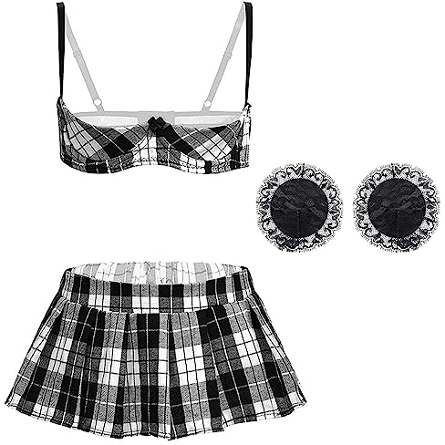 VicSec Women Lace Garter Lingerie Set with Heart Nipple Cover & Stockings, Quarter Cup Bra Teddy Naughty Babydoll Strappy Bra and Panty Set Nightwear