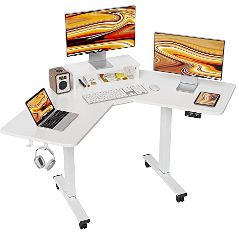 FEZIBO Einzelmotor L-förmiger Elektrischer Stehschreibtisch, 120 cm Steh-Ecke-Schreibtisch mit monitorständer, Weißer Rahmen/Weiß Tischplatte