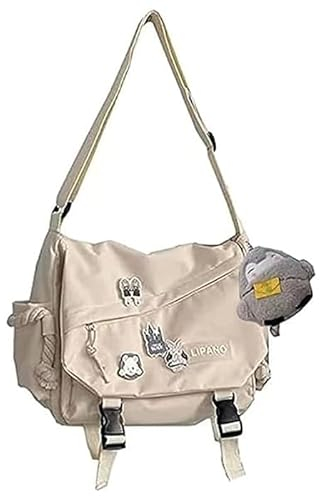Inshere Cute Messenger Bag with Kawaii Pins and Ornament, Casual Y2K Crossbody Bag for Women Men White