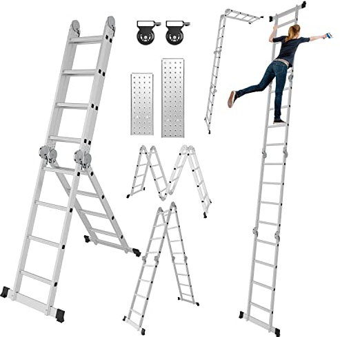 Izrielar 5.8M Mehrzweckleiter 7 in1 Aluminium Multifunktionsleiter, 4x5 Sprossen Multifunktionsleiter mit 2 Gerüstplatten und 2 Rollen, Klappleiter Arbeitsleiter Haushaltsleiter,bis 150 kg, Silber