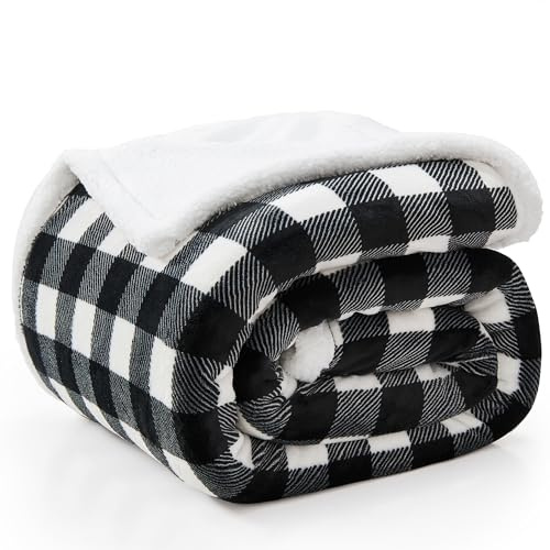 BEDELITE Black Whtie Buffalo Plaid Sherpa King Blanket for Bed, 108x90