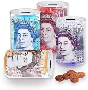 2 X Sterling Bank Note MONEY TIN -Piggy Bank, Coin Tin, Cash Tin, Savings Tin, Money Box, Birthday Money, Holiday & Christmas Fund (Set of 2 RAMDON))
