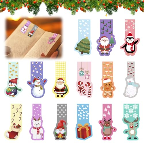 Weihnachten Lesezeichen Kinder, 30 Stück Magnetische Lesezeichen Bunt, Weihnachtsgeschenke Magnetic Markings Santa Schneemann Seitenclips Markierungen, Lesezeichen Clips für Kinder Studenten