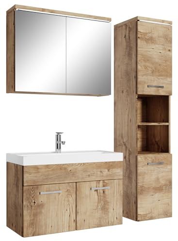 Badplaats Badmöbel Komplettset Paso LED 80 x 40 cm Kastanien Eiche - Badezimmermöbel mit Waschbecken, Spiegelschrank und Badezimmerschrank