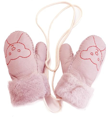 Woolous Lammfell Handschuhe Kinder, Wolle-Futter Thermal Handschuhe, Superwarme Hängende Schafsfell Fäustlinge mit Anti-Verlust-Schnur für Jungen und Mädchen Unter 5 Jahren (Rosa)