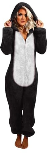 Cihdmfb Jumpsuit Damen Winter Warmer Fleece Overall Mode Patchwork Kuschelig Plüsch Schlafanzug Einteiler Onesie Langarm Pyjama Flauschig Lang Schlafoverall mit Kapuze Hausanzug(C Schwarz,L)