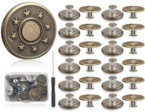 Lhbwhiz 24 Stück Hosenknöpfe,Verstellbare enger machen Jeansknöpfe,Messing Ersatzknöpfe,ohne Nähen Metall Button Pins,Hosen Reparatur Ersatz Knöpfe mit Box & Schraubenzieher,für Jeans,Basteln(20mm)