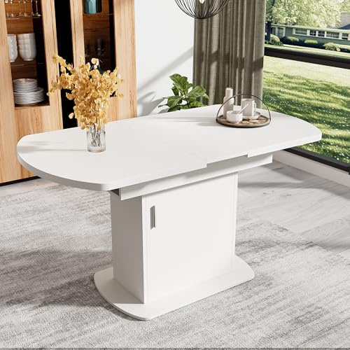 Modernt matbord utdragbart med dörr och förvaringsutrymme, oval stort träbord, köksbord för 4 personer, 110–130 × 70 × 75 cm, platsbesparande (vitt + silverhandtag)