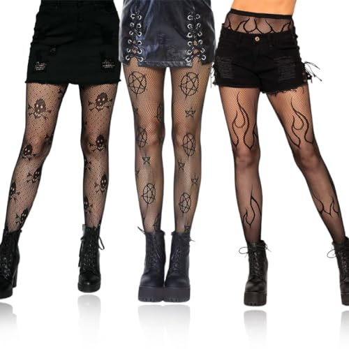 KUMSODE 3 Pack Fishnet Medias sin costuras de malla de nailon sin costuras Medias Toeless para mujeres fishnet tights medias calavera mujer para disfraces de Halloween