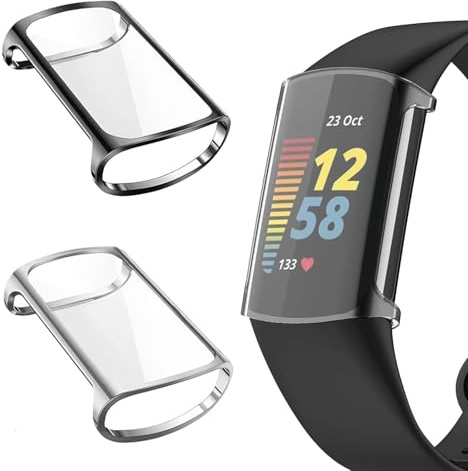 LIANCGJUE 2 Pack TPU Case for Fitbit Charge 6 Screen Protector, Full Around Protective Rugged Bumper Cover Compatible with Fitbit Charge 5/6 Smartwatch (Black/Silvery)