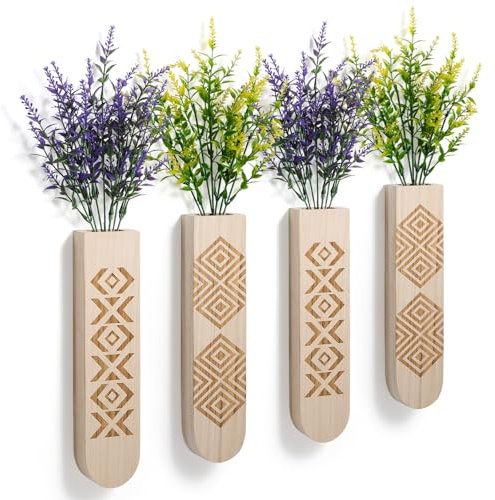 Wand-Pflanzgefäß mit künstlichen Blumen, Boho-Wanddekoration für Wohnzimmer, Schlafzimmer, Bauernhaus-Dekor, Holzwanddekorationen, 4 Stück Holz-Wandvase mit hängenden Pflanzen