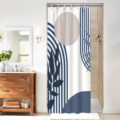 Uiiooazy Rideau Douche Bleu, Rideau de Douche Anti Moisissure 90x180cm Gris Boheme Feuilles Bleu Marine Abstrait Rideaux de Baignoire Imperméable Tissu Lavable Rideaux Salle de Bain avec 6 Crochets