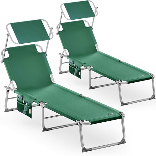 Casaria® 2er Set Sonnenliege Klappbar Wetterfest Gartenliege Mit Dach Aluminium Seitentasche Tragegriff bis 150kg 2 Personen Liegestuhl Leicht Grün