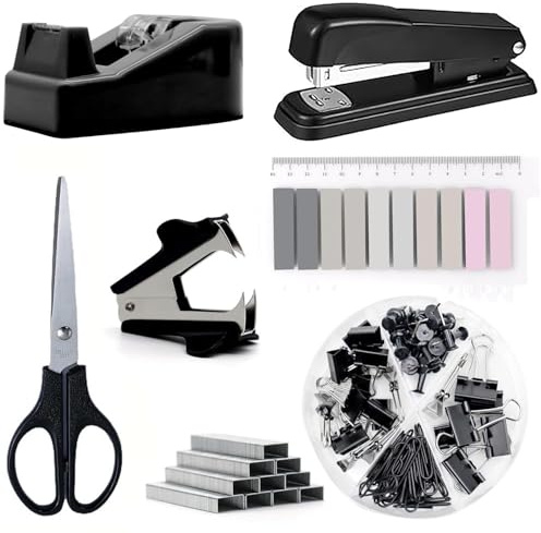 Suministros de oficina, carpetas, accesorios de escritorio negros, juego de grapadora y dispensador de cinta (con removedor de grapas), grapas, soporte para bolígrafos, clips, tijeras, juego de
