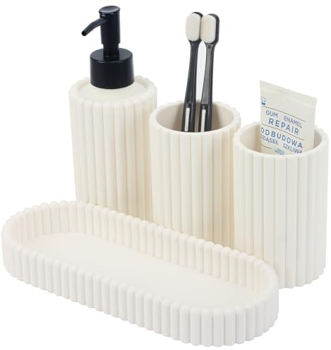 Topsky Badezimmer-Set 4-teilig Kunststoff – Seifenspender, Zahnputzbecher*2, mit Tablett, Streifendesign, Badezimmer-Aufbewahrungsbox, geeignet für Waschtisch, weiß