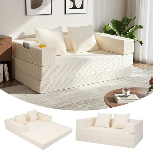 MeMoreCool Schlafsofa 4-in-1 mit Armlehnen, Klappbares Bodensofa, Beige