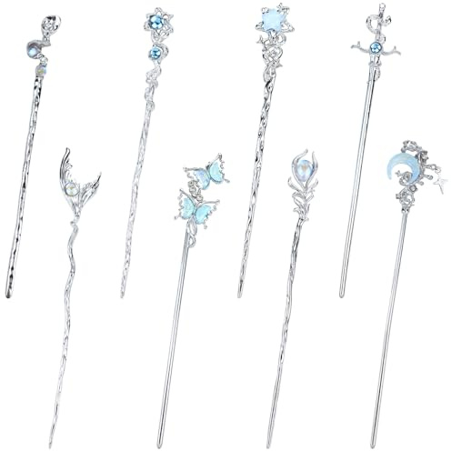 inSowni 8 Pieces Retro Vintage Asian Chinese Traditional Hanfu Fishtail Star Moon Butterfly Silver Metal Hair Sticks Long Hair Chopsticks Forks Bun Updo Holders Hairpins for Women Girls (8PCS S2)