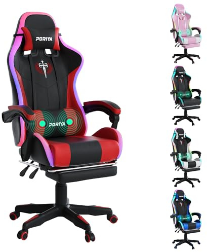 PORIYA Gaming Chair with Adjustable Backrest, Ergonomic Executive Office Chair, Height Adjustable Racing Chair Maximum Gaming Experience (RED Massage&LED)