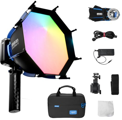 Amaran Ray 60c 60W Lampe Vidéo RGB Ultra-compacte - 3910 lux, IRC 95+ | CCT 1 800 K - 20 000 K, Contrôle par Application avec Softbox Octa Dome 30 cm pour éclairage Studio/Streaming/Extérieur