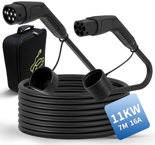 Typ 2 Ladekabel 11KW, 16A 3-Phasig, 7M Kabel, IP66, Abriebfest Druckfest | Sicherheitsstandard Mode 3, Unterstützt über 10.000 Steckzyklen, Spritzgegossener Vollgummistecker, inklusive Tragetasche