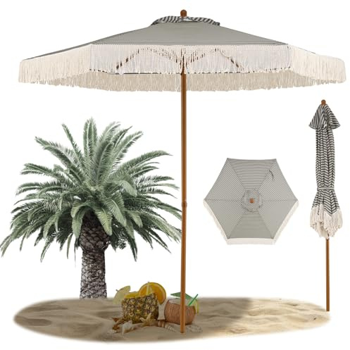RELAX4LIFE Parasol de Plage Bohème à Franges ø210cm, Toile Polyester 230g/m² Protection UV50+, 6 Baleines, Mât Aluminium Grain de Bois pour Jardin, Terrasse, Balcon, Piscine (Rayé Vert)