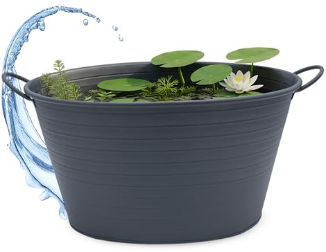 Spetebo Vasca ovale in metallo con manici, 59 x 36 cm, colore grigio scuro, da giardino, in metallo, per laghetto da giardino, per laghetto da giardino, per balcone, fioriera, vaso decorativo